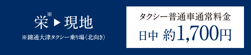 名古屋駅→現地 ※「名古屋」駅桜通口タクシー乗り場タクシー普通車通常料金日中 約1,500円