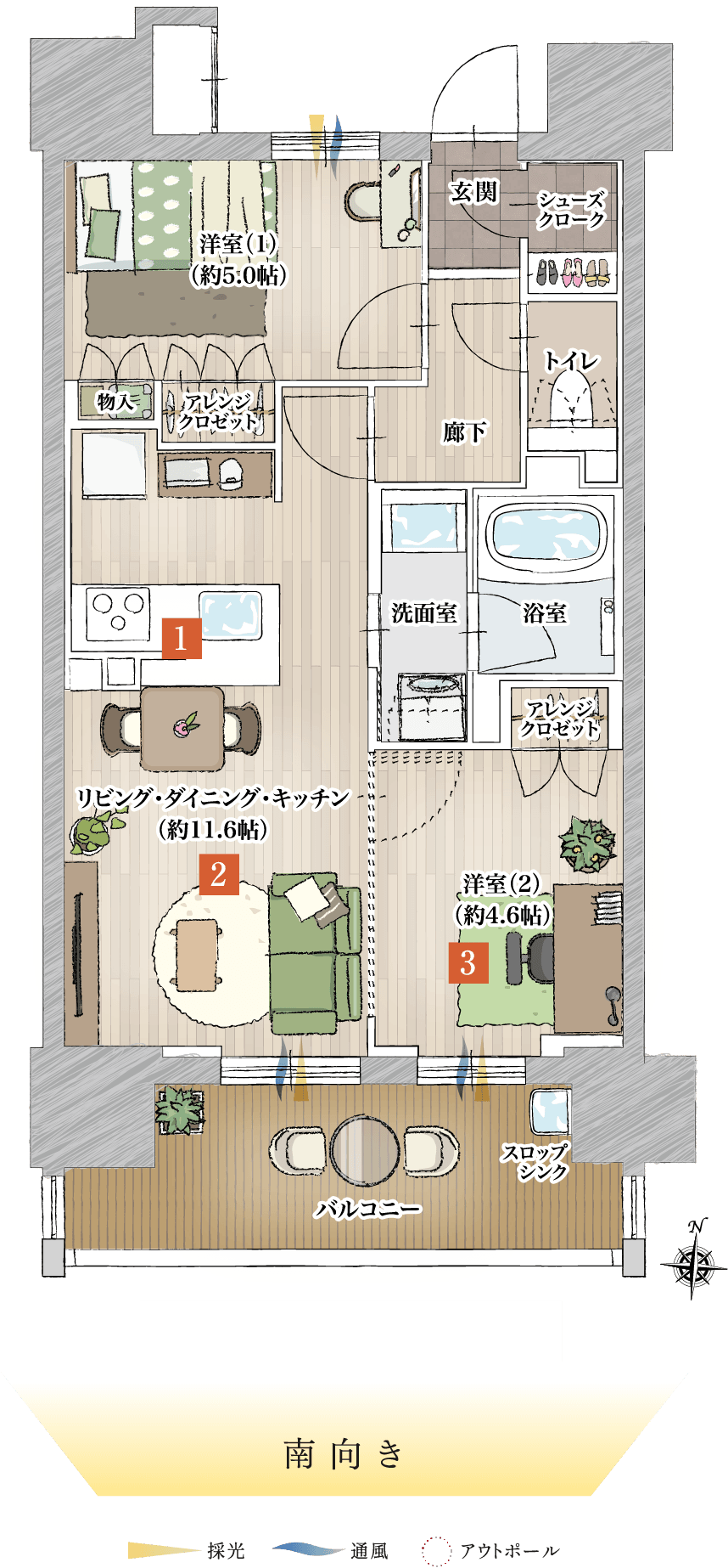 Btype 2LDK 間取り図　南向き