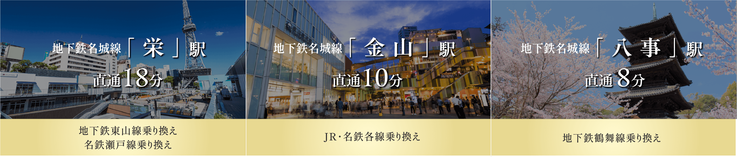 地下鉄名城線 「栄」駅 直通18分 地下鉄名城線 「金山」駅 直通10分 地下鉄名城線「八事」駅直通8分